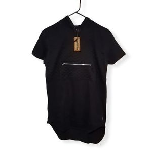 Henry & William Black Short Sleeve Hoodie T-Shirt with Zipper Across Chest